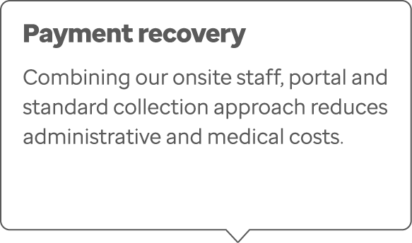 Payment recovery Combining our onsite staff, portal and standard collection approach reduces administrative and medic...
