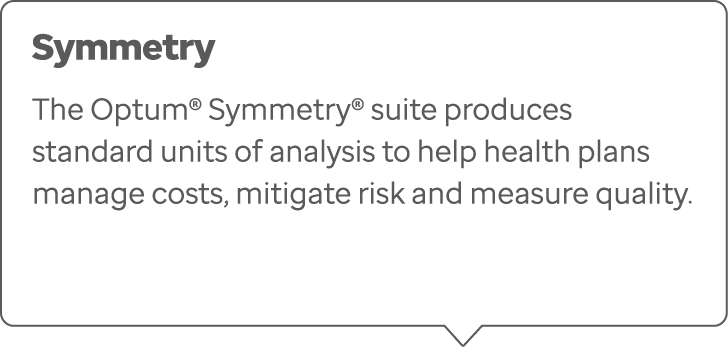 Symmetry The Optum® Symmetry® suite produces standard units of analysis to help health plans manage costs, mitigate r...