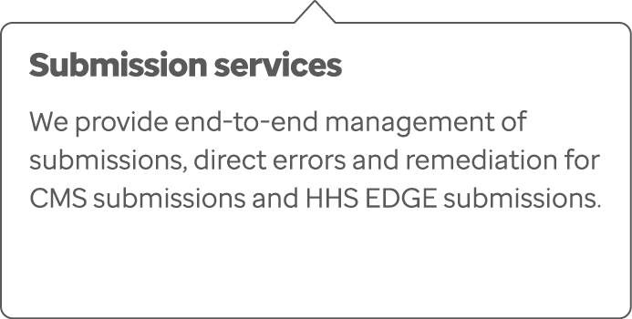Submission services We provide end-to-end management of submissions, direct errors and remediation for CMS submission...